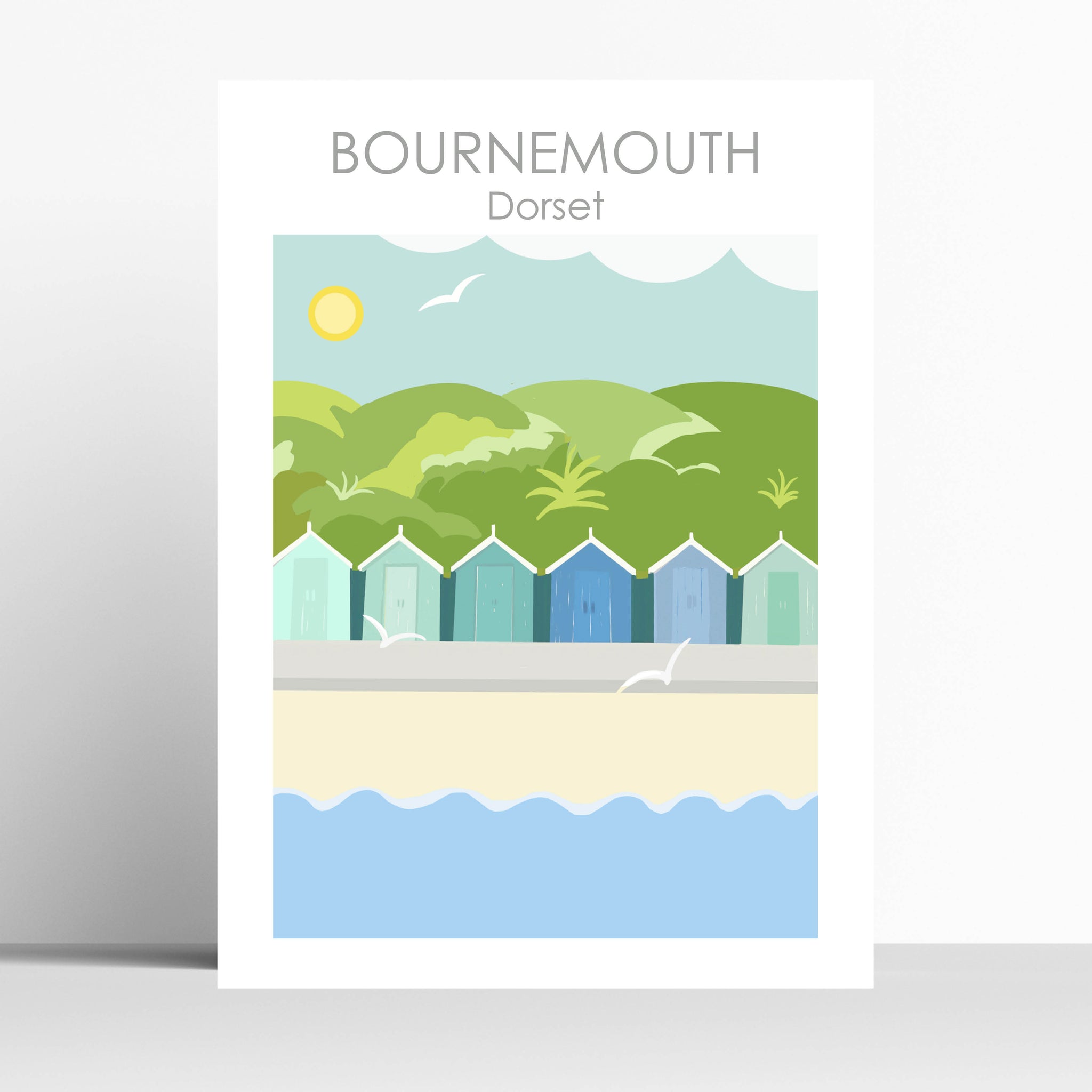 Bournemouth Beach Huts Dorset Travel Print Poster Birthday Gift House Warming Present Travel Decor Retro Vintage Style