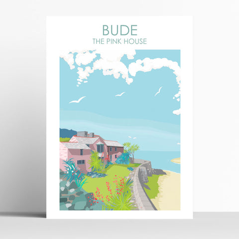 Bude - Pink House Cornwall Travel Print Poster Birthday Gift House Warming Present Travel Decor Retro Vintage Style
