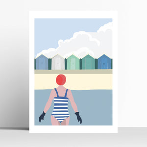 Swimmer and Beach Huts Wild Swimming Print